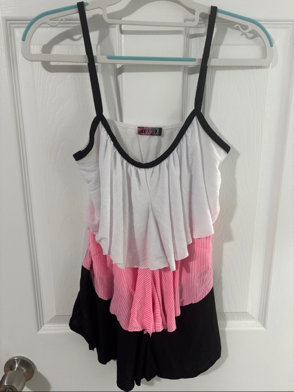 Lipstick Boutique White Pink Black Ruffle Tank Top